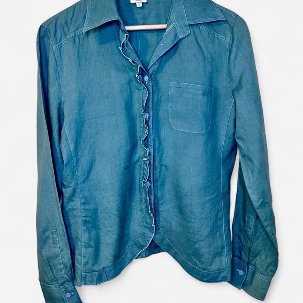 Vintage Armani Collezioni Linen Ruffle Button Down Blouse Teal